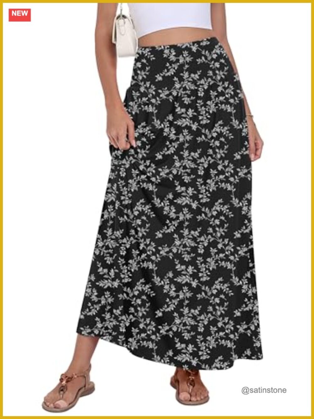 Flowy A-Line Maxi Skirt with Pockets High Waist Polyester Blend